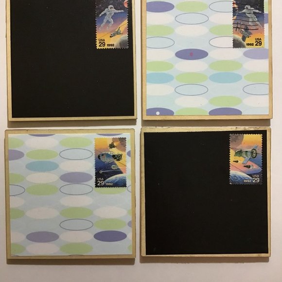 Space Coasters, 4 pack, Postage Stamp Wood Coaster Set with Cork Backing, Drink - Picture 3 of 8